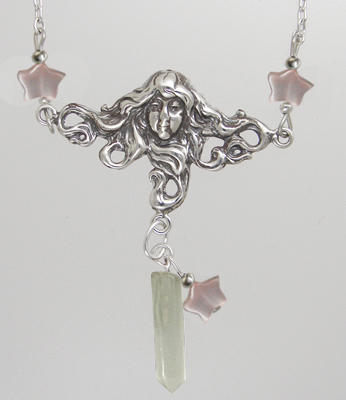 Sterling Silver Woman Maiden of the Morning Star Necklace With Clear Quartz And Pink MOP Stars